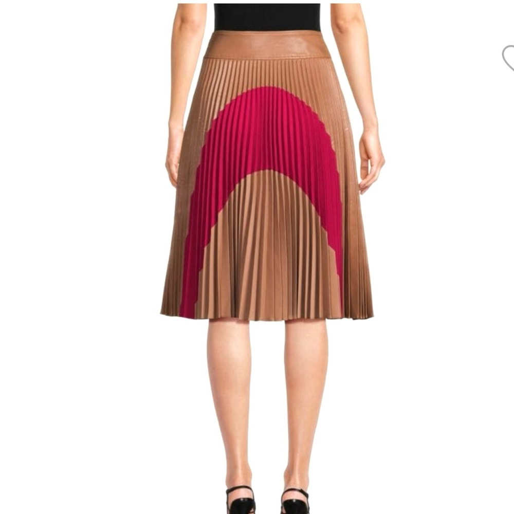 Colorblock Pleated Midi Skirt - Tan and Red - Picture 3 of 5